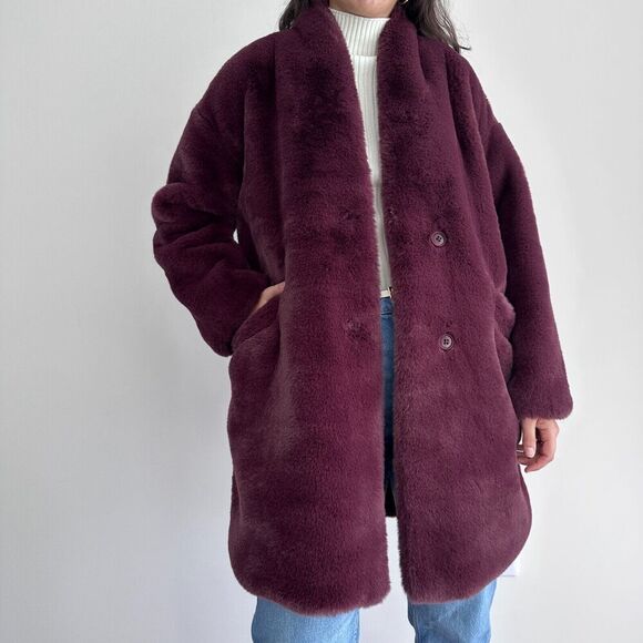 Abercrombie & Fitch Coat Womens Medium Faux Fur Shearling Teddy Burgundy Wine - Picture 4 of 11